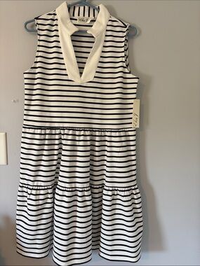 Eiza J Black and White Striped Sleeveless Tiered Dress
